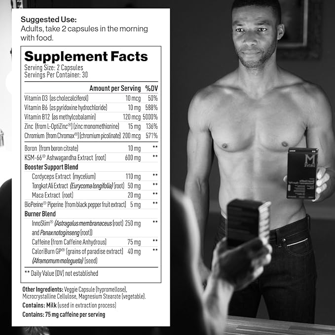 Mdrive Boost and Burn Testosterone Booster and Fat Burner for Men Energy Strength Stress Relief KSM-66 Ashwagandha Chromax 60 Capsules