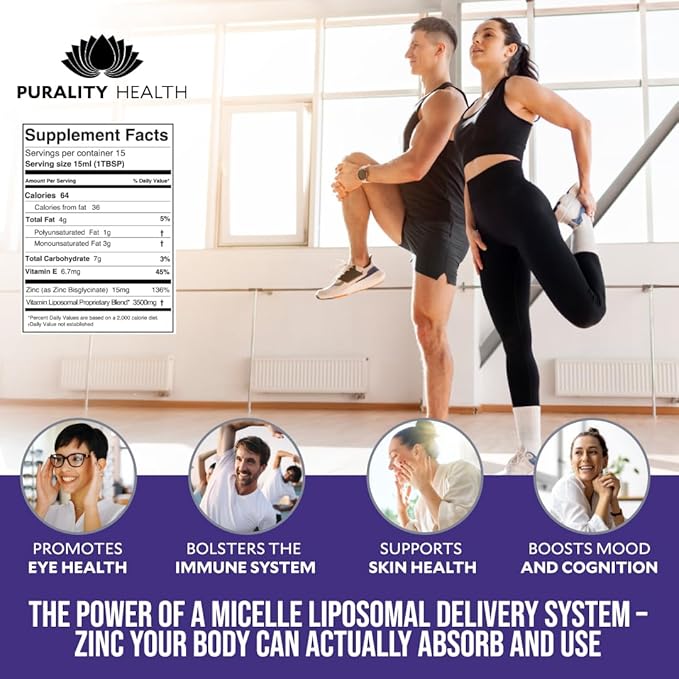 Liposomal Zinc Purality Health15mg of Zinc per Serving Liquid Zinc Blueberry Flavor Vegan Gluten-Free 15 Day Supply