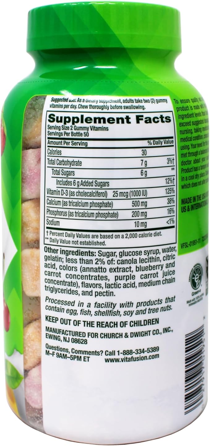 VitaFusion Calcium 500 mg Dietary Supplement Gummies Natural Fruit and Cream Flavors - 100 ct Pack of 2