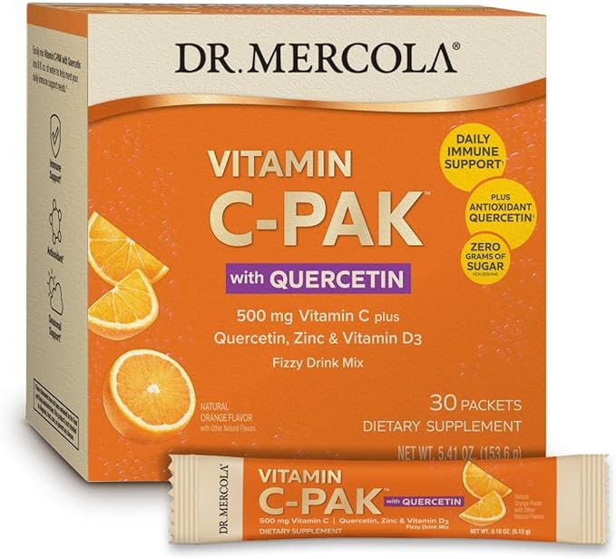 Dr. Mercola Vitamin C-PAK with Quercetin - Daily Immune Support Drink - Zinc &amp Vitamin D3 Blend - Gluten-Free - Effervescent Orange Flavor - 30 Packets
