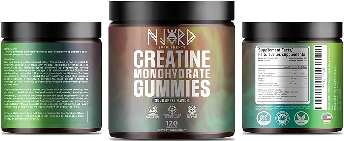 Creatine Monohydrate Gummy Candy Low Sugar 30 Servings 5g of Creatine Per Serving Vegan Gluten-Free Bodybuilding Recovery Supplement to Increase Muscle Size and Strength