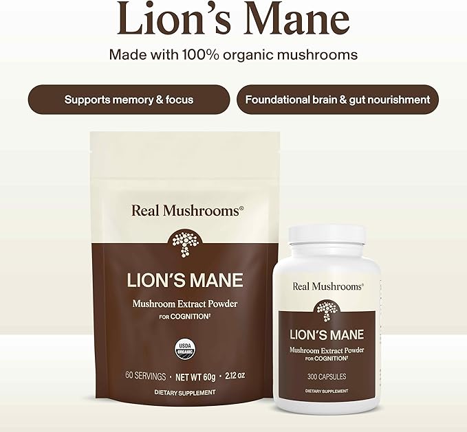 Real Mushrooms Lions Mane Mushroom Supplement - Organic Lions Mane Extract Powder for Overall Wellness with Adaptogens – Functional Vegan Non-GMO Blend with 60 Servings