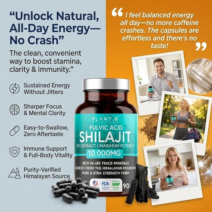 Pure Himalayan Shilajit Capsules - 10000mg Maximum Potency | Fulvic Acid + 85 Trace Minerals | Energy Boost Immune Support Cognitive Function | 90 Veggie Pills for Men &amp Women