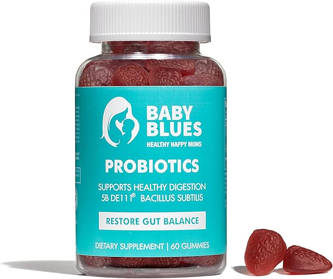 Baby Blues Probiotic Gummies for Women – Organic Strawberry Flavor – Gut Immune Skin &amp Vaginal Health – 5 Billion CFU DE111® – Vegan Daily Supplement for Moms – Pre/Postnatal Support