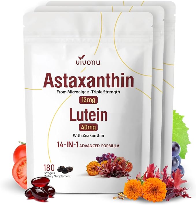 14-in-1 Astaxanthin 12mg &amp Lutein 40mg with Zeaxanthin Supplements 18 Month Supply Fresh Microalgae Source Supports Eye Skin Antioxidant Joint Circulatory Health Non-GMO Gluten Free 3 Ba