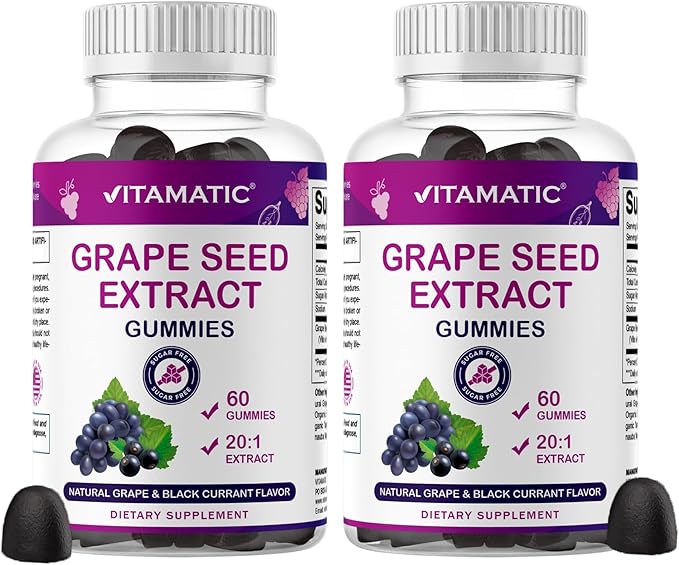 Vitamatic Grape Seed Extract Gummies – Plant-Based Botanical Extract – Natural Grape &amp Black Currant Flavor – Vegan Non-GMO – Herbal Supplement – 60 Gummies - 2 Pack