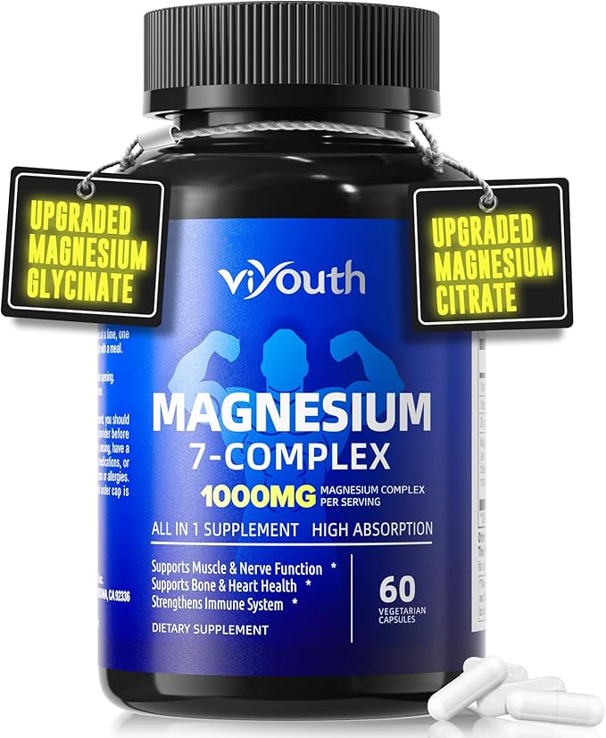 Magnesium 7 Complex Supplement Advanced with Glycinate Citrate Malate Chelate Taurate Orotate Aspartate Capsules with Zinc Vitamin D3 &amp B6 for Sleep Muscle Relief 60 Capsules