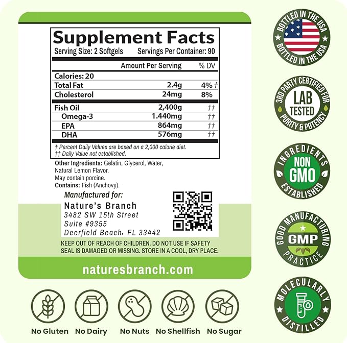 Triple Strength Omega 3 Fish Oil Supplements 2400mg | 180 Capsules Burpless High Potency Lemon Flavor High EPA DHA for Men &amp Women Ultra Pure Softgels | Joint Support Eyes Heart Brain Health P