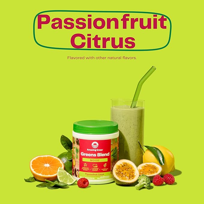 Amazing Grass Greens Blend Mood: Super Greens Powder Smoothie Mix for Mood Relaxation &amp Stress Support with Organic Spirulina Chlorella Beet Root Powder Digestive Enzymes &amp Probiotics 30