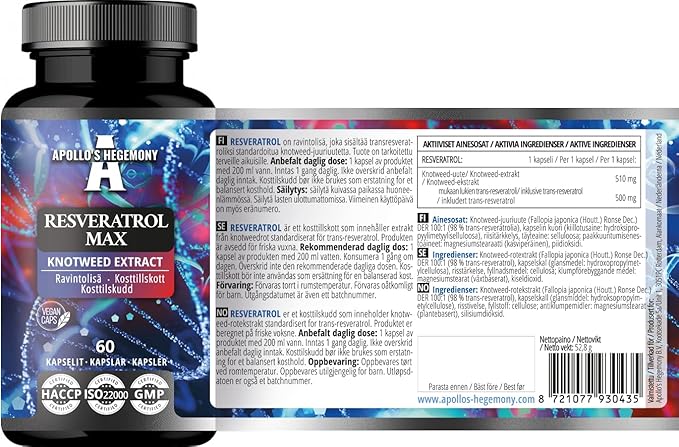 APOLLO'S HEGEMONY Resveratrol Max - 500 mg per Capsule - 60 Vegan Capsules - High Purity 98% Extract - Supports Circulatory Health - Natural Antioxidant - Dietary Supplement