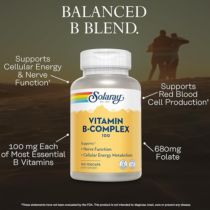 SOLARAY Vitamin B Complex 100mg - Cellular Energy Nerve and Heart Health Support - Supplies All 8 B Complex Vitamins - Vitamin B12 B1 B2 B3 B6 Niacin Folic Acid and Biotin - Vegan 100 Servings