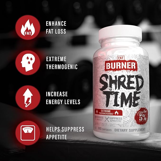 5% Nutrition Shred Time Fat Burner | Green Tea Coffee Bean Cayenne Theobromine GBB | Appetite Suppression | 30 Servings (180 Capsules)