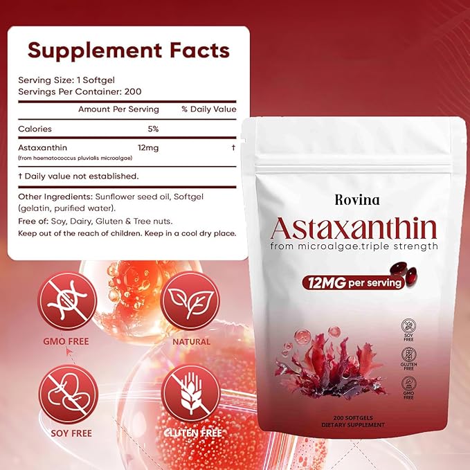 Rovina Astaxanthin 12mg Astaxanthin Antioxidant Supplements for Immune Eye Skin Supports Non-GMO &amp Gluten Free - 200 Softgels