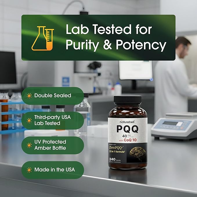 NatureBell PQQ with CoQ10-240 Capsules - 40mg Active PQQ with 10mg Coenzyme Q10 - Cellular Energy &amp Cognitive Function Support - Antioxidant Nutrients for Heart &amp Brain Health*