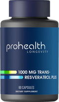 ProHealth Resveratrol 1000mg | Pure Trans-Resveratrol | Plus Quercetin Red Wine &amp Green Tea Extract | Clinically Studied to Support Cellular Health Memory Healthy Aging | 60 Capsules