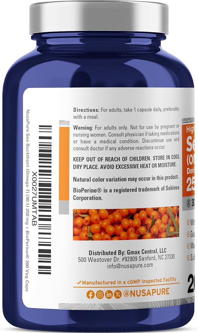 NusaPure Sea Buckthorn Omega-7 250 mg 200 Veg Capsules (Non-GMO Vegan)
