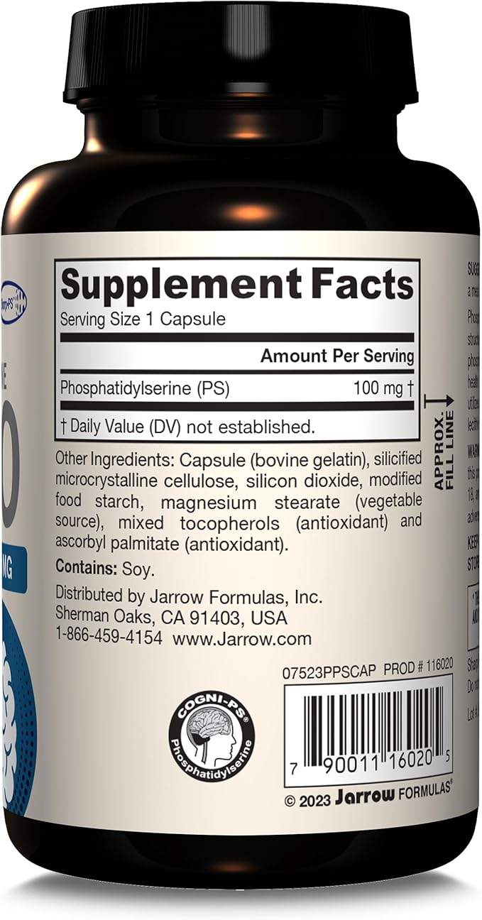 Jarrow Formulas PS100 Phosphatidylserine 100mg Dietary Supplement for Brain Health and Cognitive Function Support 120 Capsules Up to a 120 Day Supply