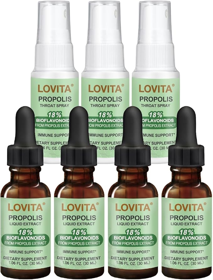 LOVITA Propolis Family Value Pack - 4 Liquid Extract Drops &amp 3 Throat Sprays 5:1 Resin Extract 18% Bioflavonoids Comprehensive Throat Soothing (7 Pc Set)