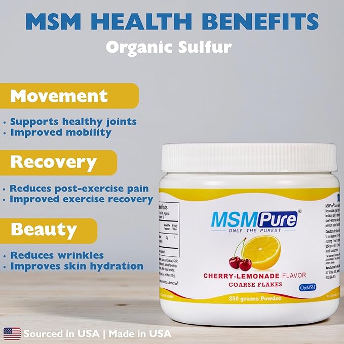 KALA HEALTH MSMPure Cherry Lemonade Flavored Coarse MSM Powder Flakes – US-Made MSM for Joint Health Skin Appearance and Hair &amp Nail Support – 8.8 oz Organic Sulfur