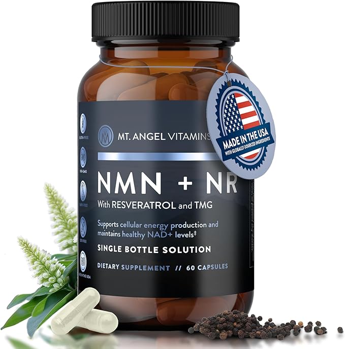 Mt. Angel Vitamins NMN Supplement + NR with Resveratrol &amp TMG Dual NAD+ Precursors for Cellular Energy &amp Healthy Aging 60 Capsules