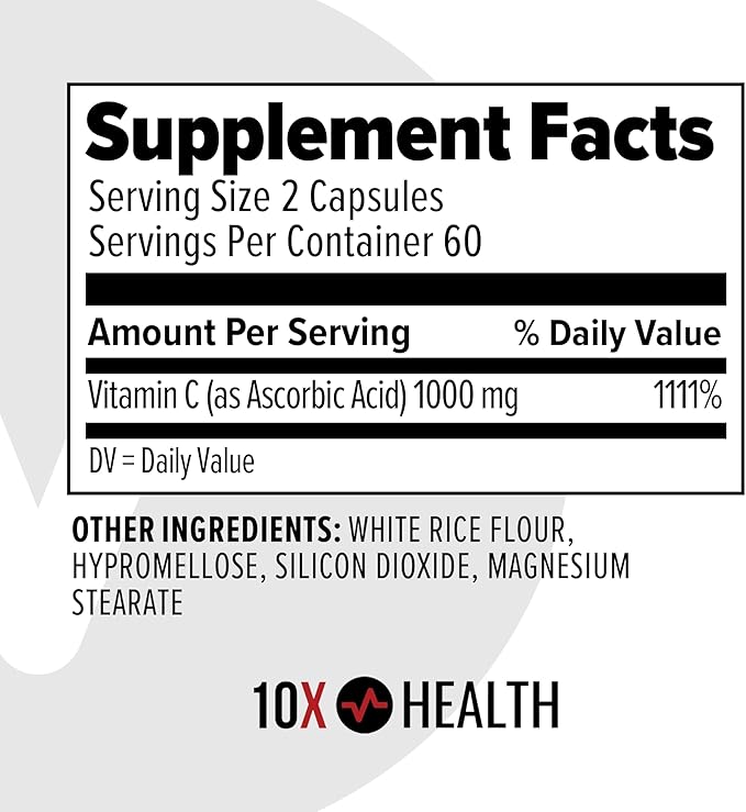 10X Health Vitamin C 1000mg - 120 Capsules Vitamin C High Dose Ascorbic Acid for Immunity Antioxidant Protection Collagen &amp Tissue Support for Adults - VitaminC 1000 mg - Non-GMO Gluten-Free