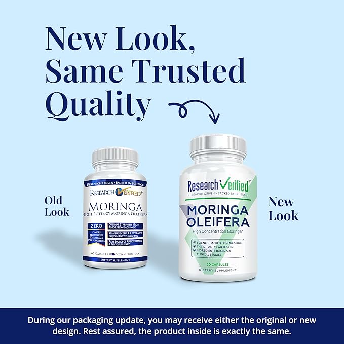 Research Verified Moringa Oleifera - 100% Pure Extract- 1200 mg Per Serving - 60 Count - 3 Month Supply