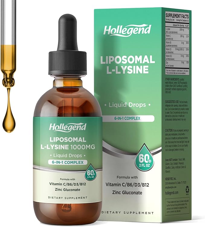 Liposomal L-lysine 1000MG Liquid Drops Lysine Supplement for Women &amp Kids with Vitamin C B6 D3 B12 &amp Zinc Gluconate Skin &amp Lip Health Immune &amp Collagen Production Support Lemon