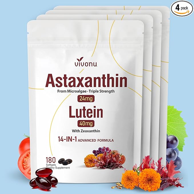 VivoNu 14-in-1 Astaxanthin 24mg &amp Lutein 40mg with Zeaxanthin Supplements 24 Month Supply 720 Softgels 4 Bag