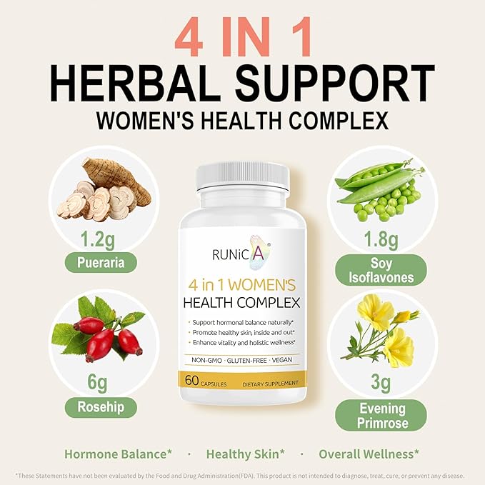 4-in-1 Women’s Hormonal Balance Complex Supplement | Rosehip Pueraria &amp Evening Primrose with Soy Isoflavones | Menstrual Cycle Menopause Energy Level &amp Healthy Skin Support