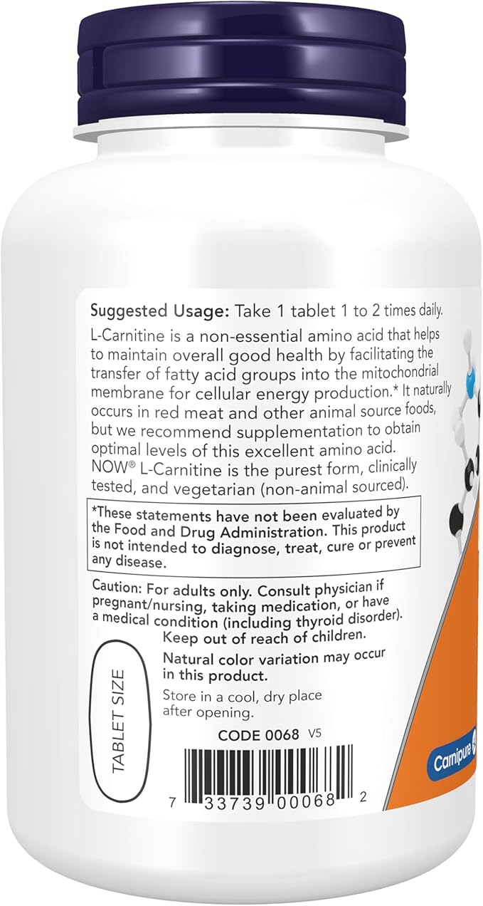 NOW Foods Supplements L-Carnitine 1000 mg Purest Form Amino Acid Fitness Support* 100 Tablets