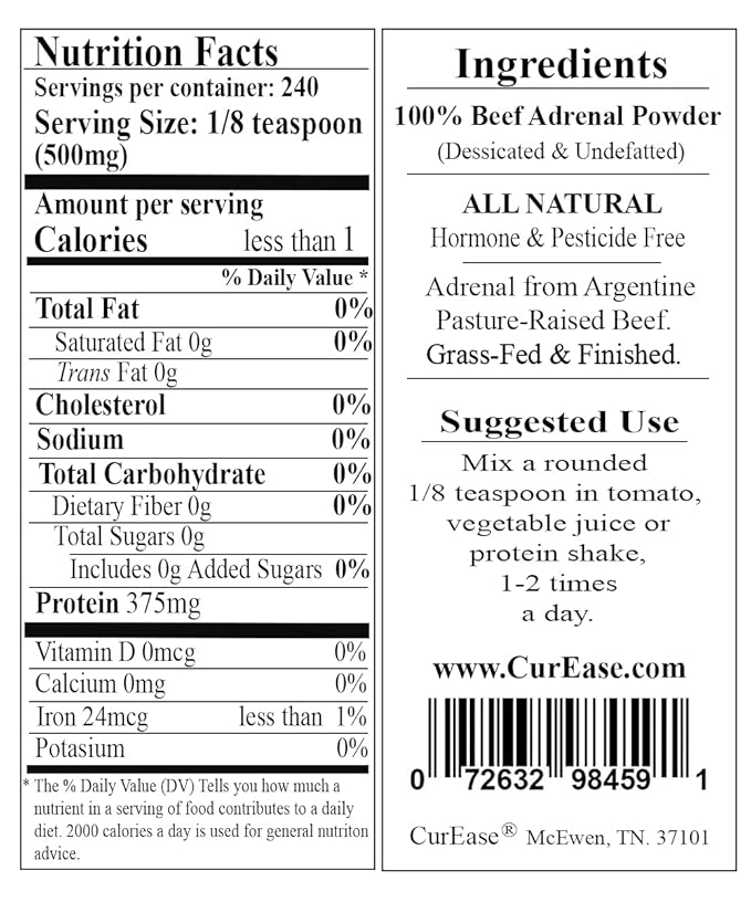 Argentine Beef Adrenal Powder Grass Fed &amp Finished 4.2 Ounce