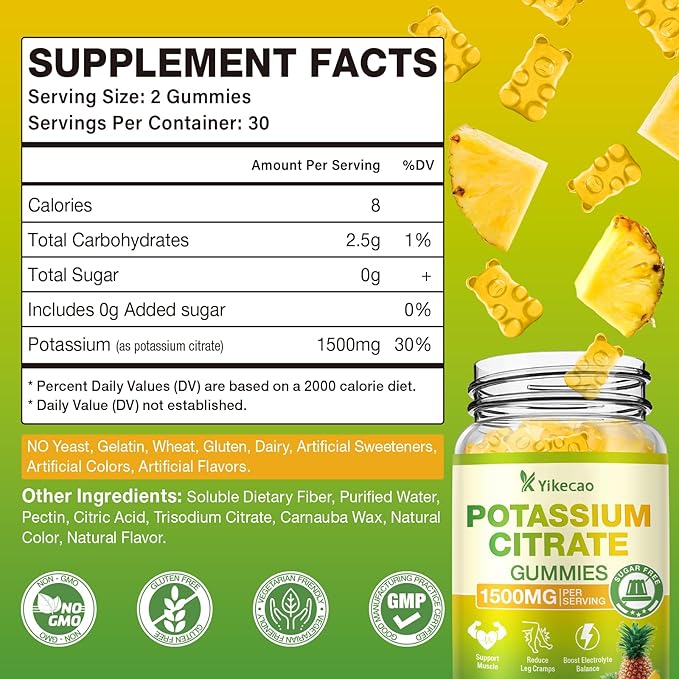 2 Pack Potassium Citrate Gummies 1500mg Potassium Supplement Gummies for Adults Women &amp Men Support Leg Cramps &amp Muscle Health Sugar-Free Pineapple Flavor 120 Count