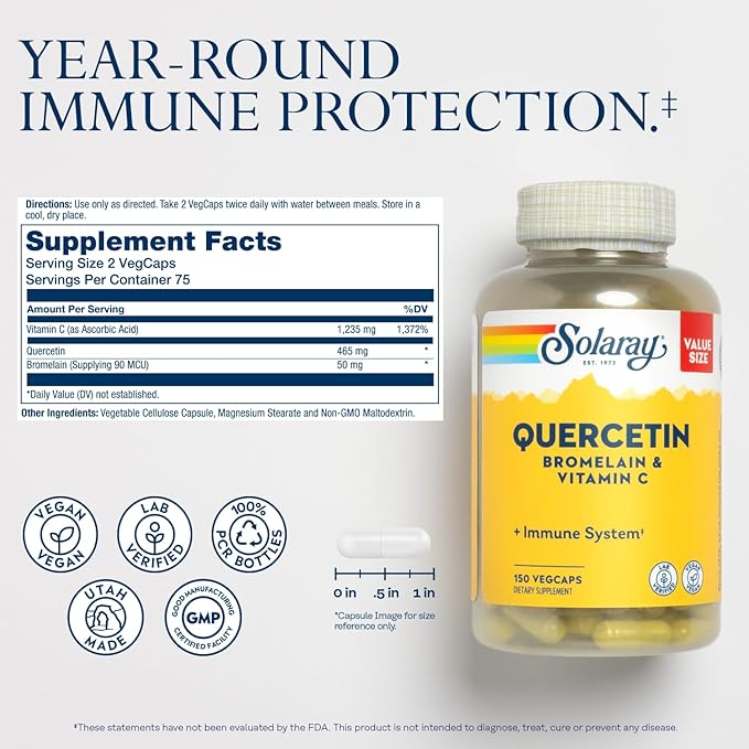 SOLARAY Quercetin Bromelain &amp Vitamin C Immune System Sinus Respiratory &amp Antioxidant Activity Support Vegan 500mg of Quercetin &amp 1235mg of VIT C 60 Day Guarantee 75 Servings 150