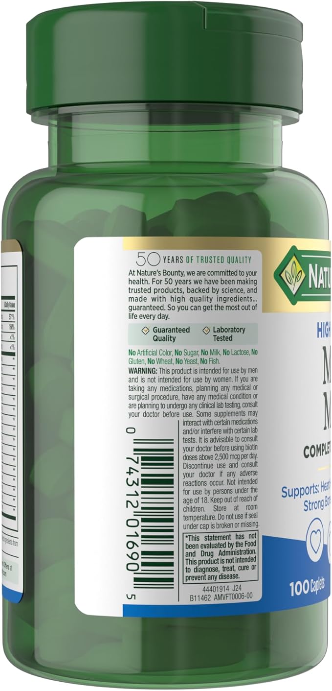 Nature’s Bounty High Potency Men’s Complete Multivitamin Daily Men’s Health Vitamin for Heart Health and Immune Support Men's Multivitamin for Strong Bones Overall Health and Wellness 100 Capsules
