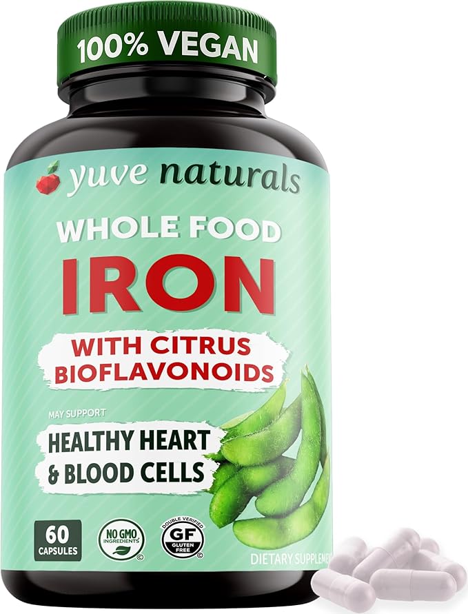 Yuve 100% Vegan Whole Food Chelated Iron Supplement 18mg – Tasteless Non-Constipating Gentle on Stomach Energy Support – Gluten-Free Non-GMO 60 Capsules