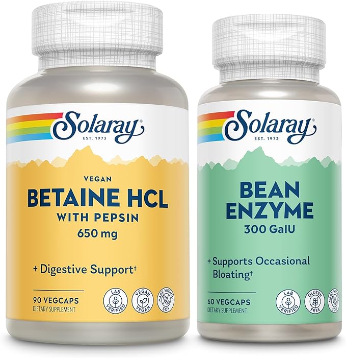 SOLARAY Vegan Betaine HCL w/Pepsin and Bean Enzyme - Digestive Health Bundle - Hydrochloric Acid Supplement and Alpha Galactosidase Digestive Enzymes for Gut Health Support 60-Day Guarantee 90/60ct
