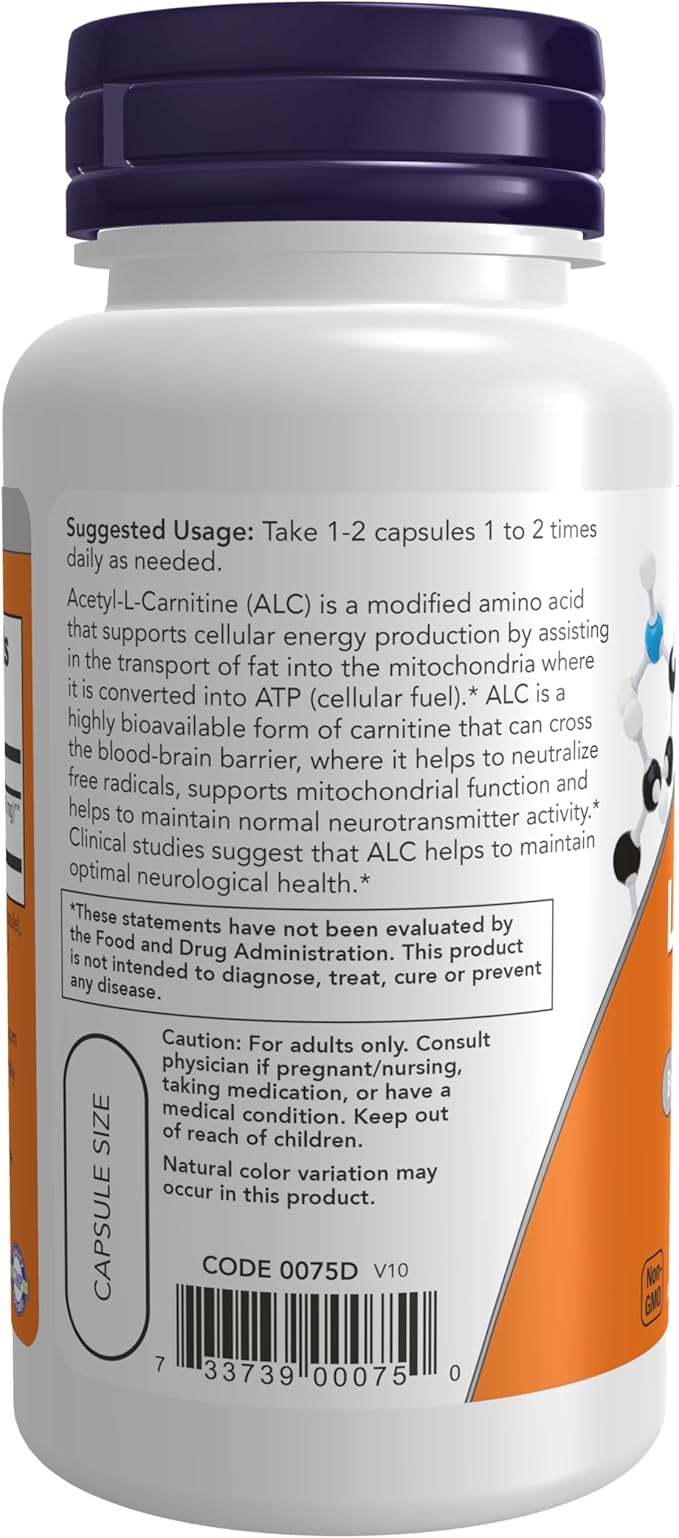 NOW Supplements Acetyl-L Carnitine 500 mg Amino Acid Brain and Nerve Cell Function* 50 Veg Capsules (Pack of 3)