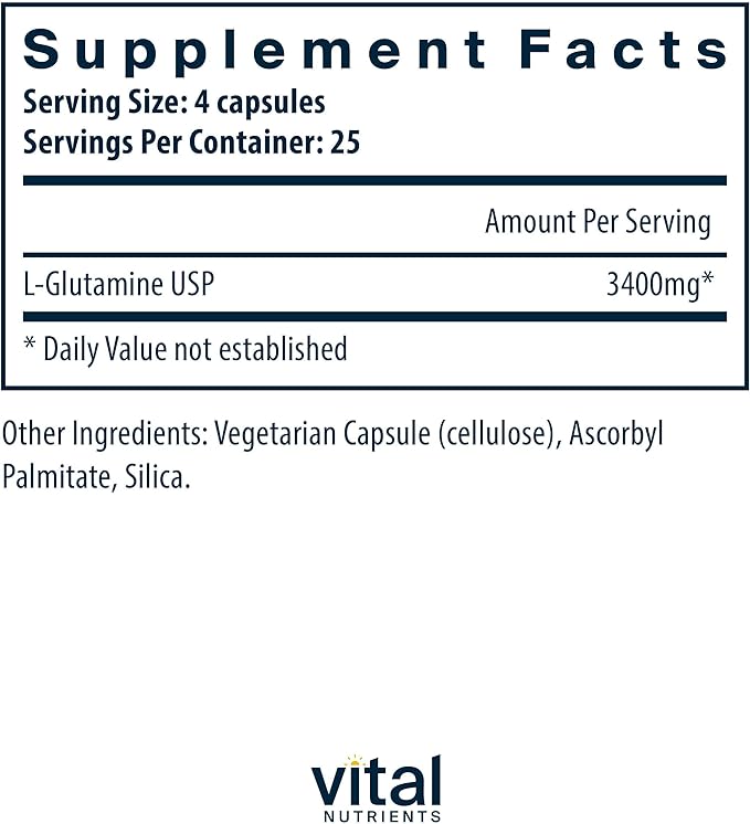 Vital Nutrients Glutamine - 3400mg L-Glutamine - Healthy Gastrointestinal Tract Function - Gluten Dairy Soy Free - Non-GMO - 90 Glutamine Capsules