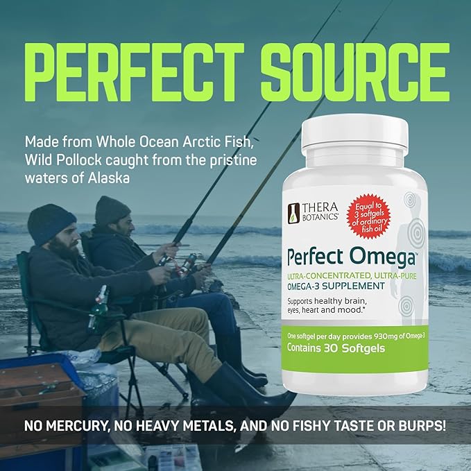 Therabotanics Perfect Omega Fish Oil Supplement EPA &amp DHA – High Absorption Concentrated Omega 3 for Heart Brain Eye &amp Metabolic Health - Alaskan Fish Oil Softgels - 30 Count (Pack of 1)