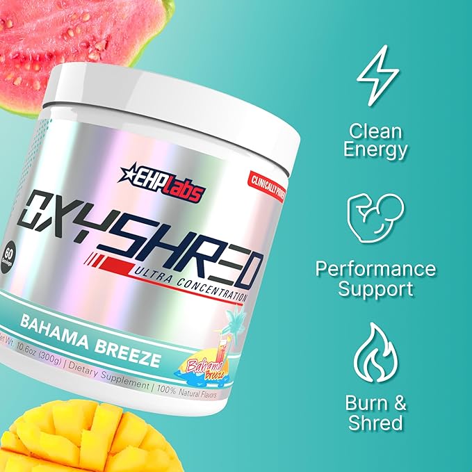 EHP Labs OxyShred Pre Workout Powder - Preworkout Powder with L Glutamine &amp Acetyl L Carnitine Energy Boost Drink - Bahama Breeze/Beach 60 Servings