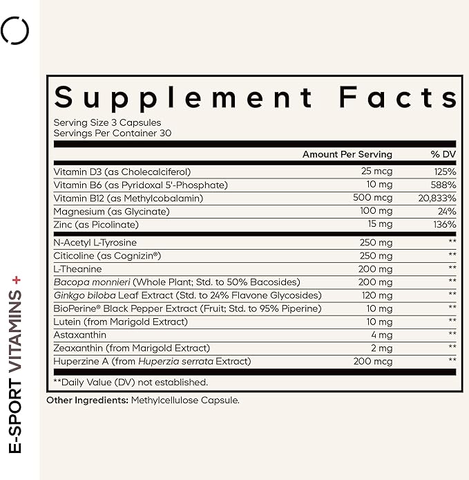 Codeage E-Sport Vitamins+ Citicoline Cognizin Bacopa Monnieri Supplement Multivitamins Astaxanthin L-Theanine Ginkgo Biloba Acetyl-L-Tyrosine Huperzine A Lutein Esport Gaming - 90 Capsules