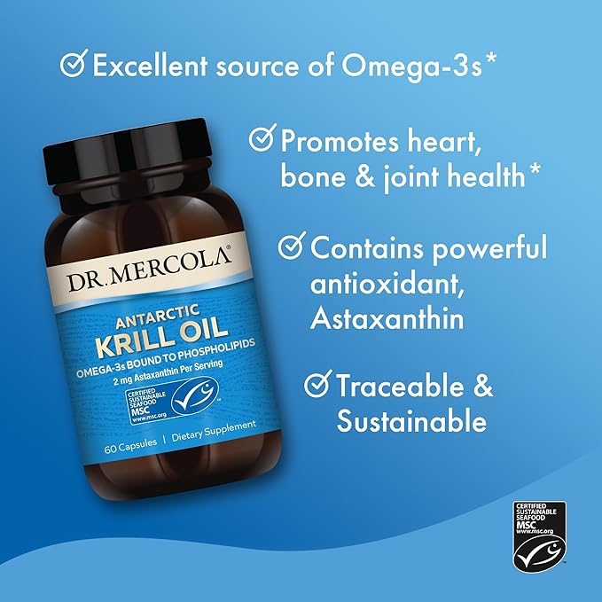 Dr. Mercola Antarctic Krill Oil - 1000 mg - Omega-3 Supplement with EPA &amp DHA - Supports Brain Heart Joint &amp Immune Health - GMO-Free Gluten-Free &amp Soy-Free - 60 Capsules (30 Servings)