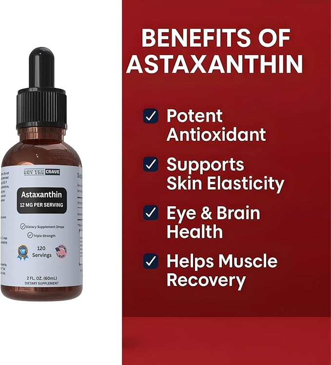 Astaxanthin Liquid Drops Infused with Cold Pressed Extra Virgin Olive Oil – 12mg per Serving – Natural Antioxidant Support – 2 fl oz Dropper Bottle – Vegan Non-GMO