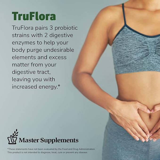 Master Supplements TruFlora - 32 Capsules - Blend of Probiotics &amp Enzymes - Promotes Optimal Gut Health &amp Boosts Energy - Gluten Free - 32 Servings