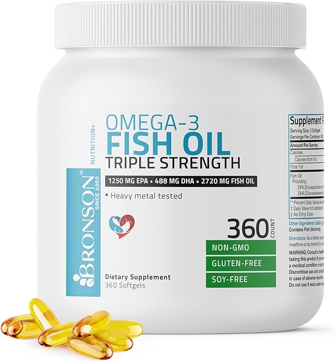 Bronson Omega 3 Fish Oil Triple Strength 2720 mg High EPA 1250 mg DHA 488 mg Non-GMO Heavy Metal Tested 360 Softgels