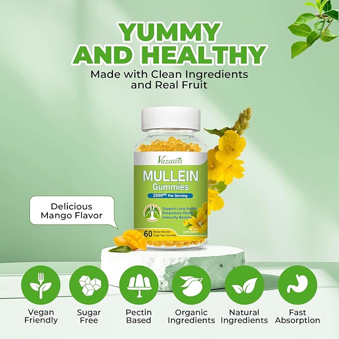 Mullein Gummies Mullein Leaf Extract with Bromelain Quercetin Pine Bark Support Lung Cleanse for Healthy Breathing 120ct