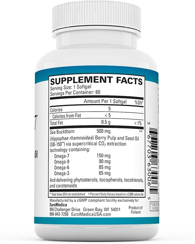 EuroMedica ProHydra-7 - Skin Health Support Supplement with Omega-7 Sea Buckthorn Oil - Nutritional Supplement - Essential Fatty Acid Supplement - 60 Softgels