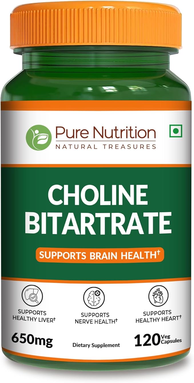 Pure Nutrition Choline Bitartrate 650mg | 120 Veg Capsules | 4 Month Supply | Supports Overall Wellness &amp Daily Nutritional Intake | 100% Vegetarian Non GMO.
