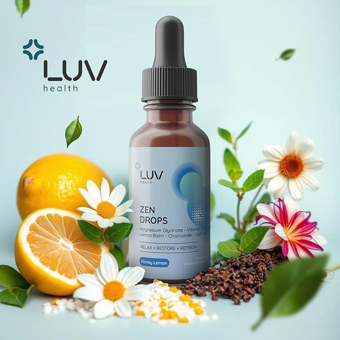 LUV health Zen Drops 3Pack: Stress &amp Anxiety Support Drops with Magnesium Glycinate Vitamin D3 Lemon Balm Chamomile Saffron L-Theanine. Keto Vegan USA Made Non-GMO 90 Servings