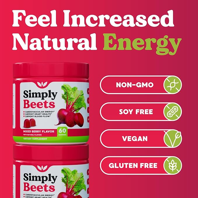 Beet Gummies with CoQ10-Nitric Oxide &amp Energy Support-Non-GMO Beetroot Powder &amp Grape Seed Extract- Natural Mixed Berry Flavor-60 Count